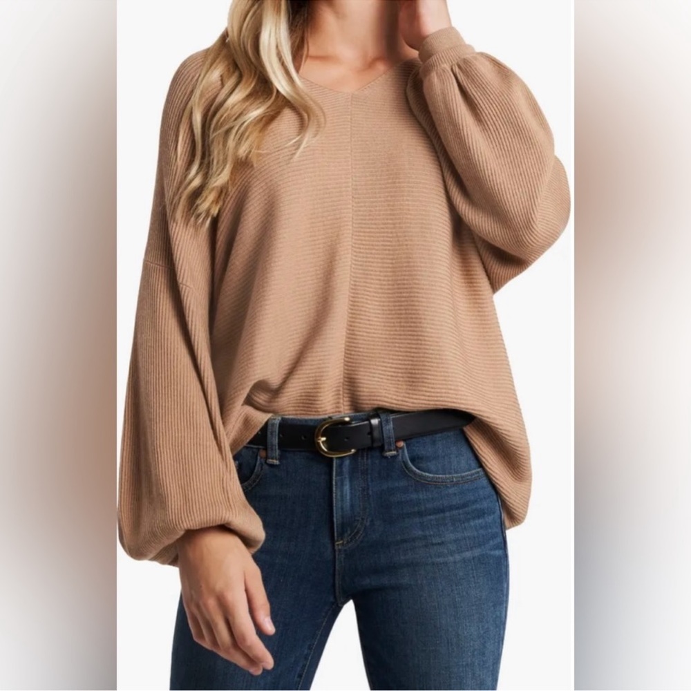 EUC Ribbed Balloon Sleeve Cotton Blend Sweater